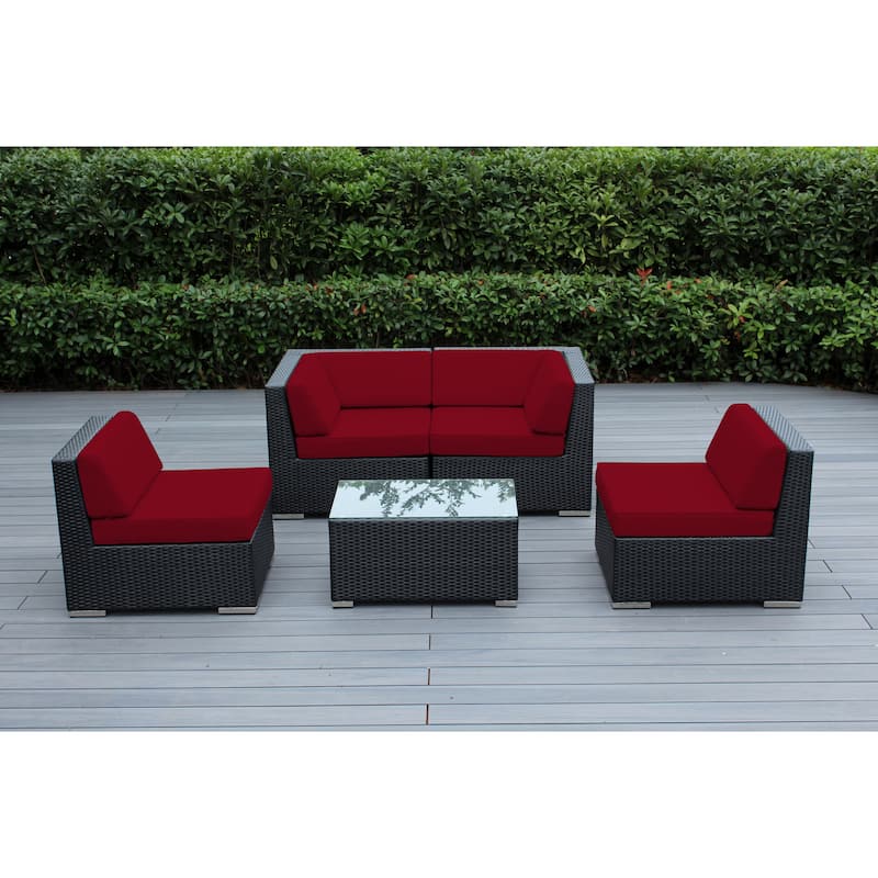 Ohana Outdoor Patio 5 Piece Black Wicker Sectional with Cushions - No Assembly - Red