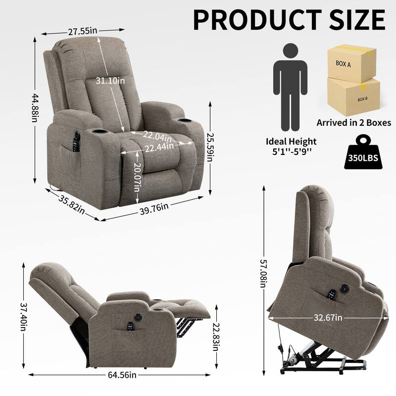 Grey Power Lift Recliner with Massage, Heat & Cup Holders