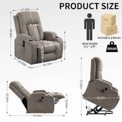 Infinite Position Single Motor Lift Recliner Chair, with 8-Point Vibration Massage & Heating, USB Charging Port & Cup Holders