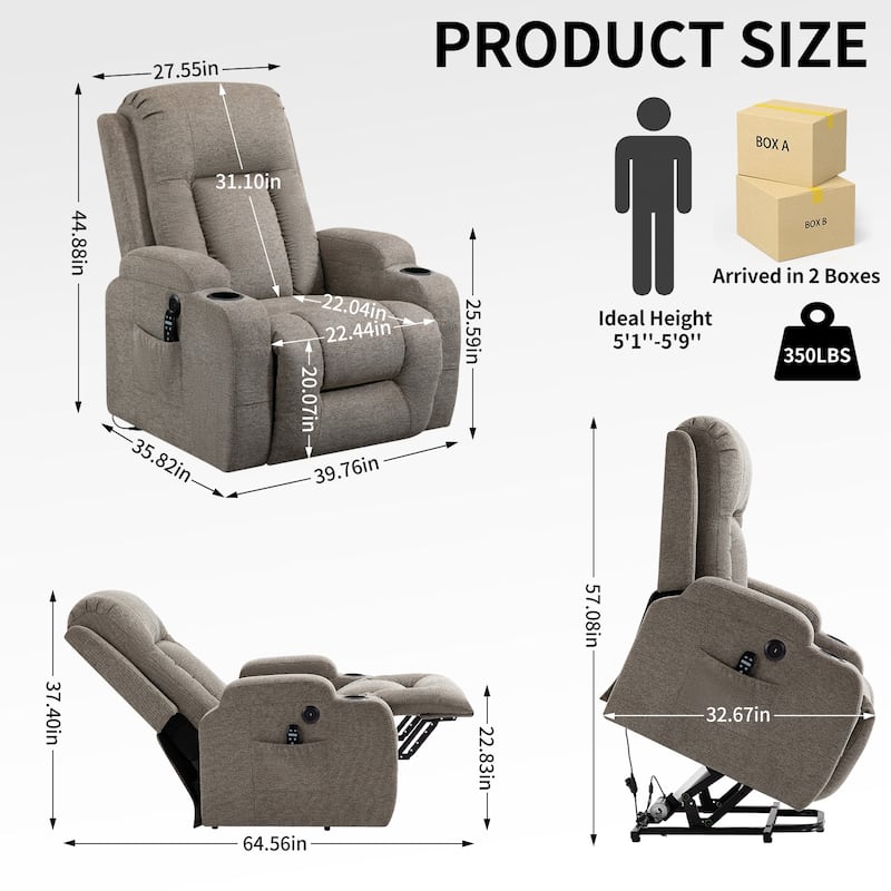 Power Lift Recliner Chair with Massage, Lumbar Heat, USB Charging Port, and Cup Holders
