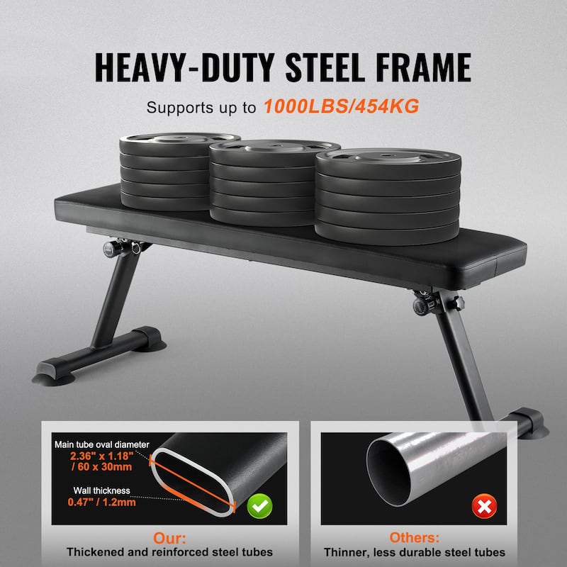 Black Steel Foldable Flat Weight Bench 1000lbs with Thick Cushion - 45.7" x 17" x 16.7"