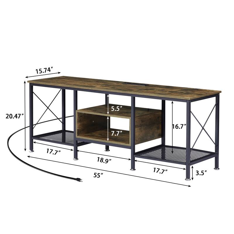 VECELO Wood TV Stand with Charging Station,Storage Shelves Entertainment Center TV Cabinet