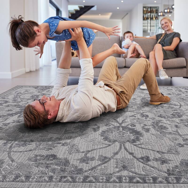 LOOM & LUXE Collection 2X8 Grey/Silver/Oriental Non-Shedding Area Rug - 96" D x 26" W x 0.35" H