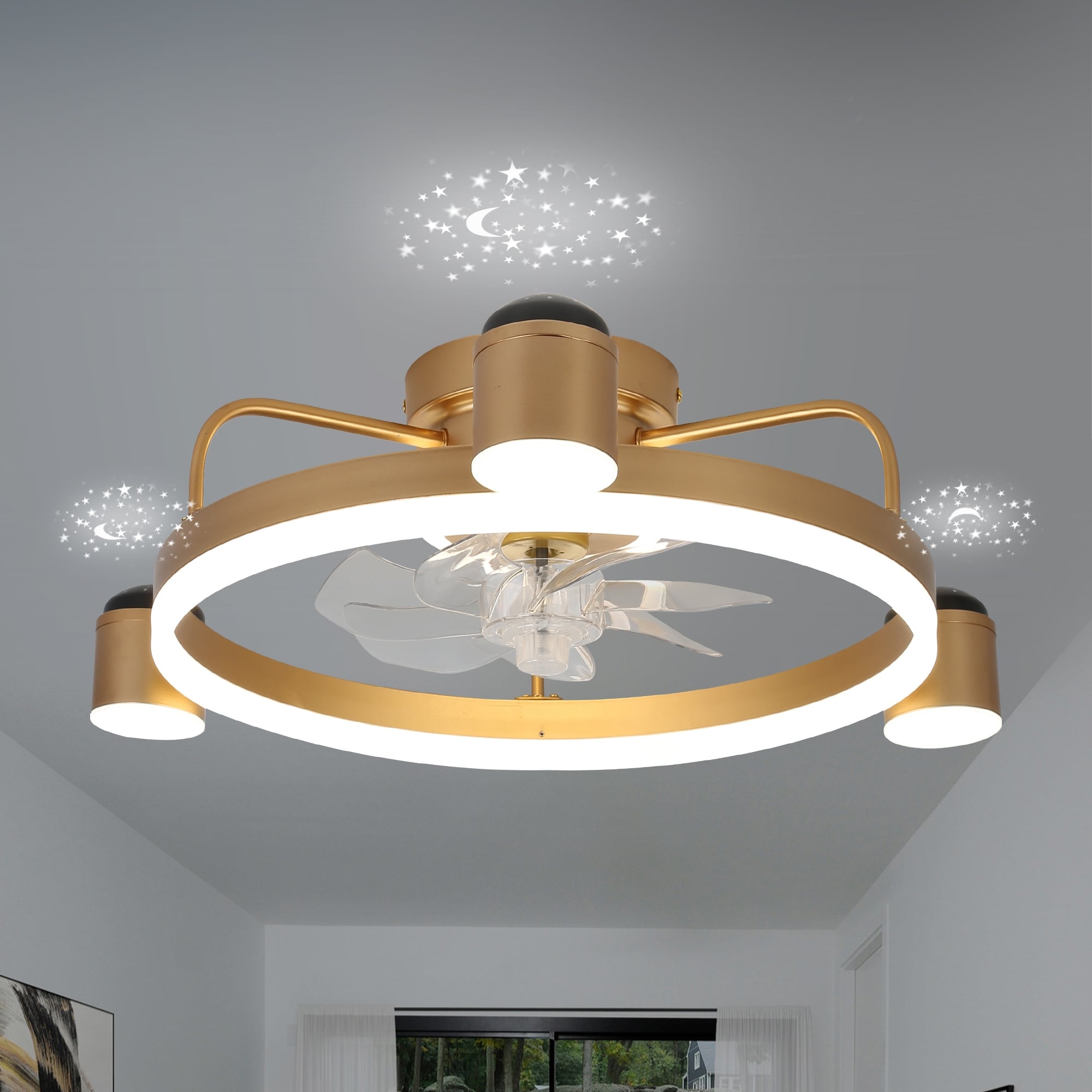 Oaks Aura 28" LED Starry Night Smart Dimmable Flush Mount Ceiling Fan with Lights, 6-Speed Low Profile Ceiling Fan