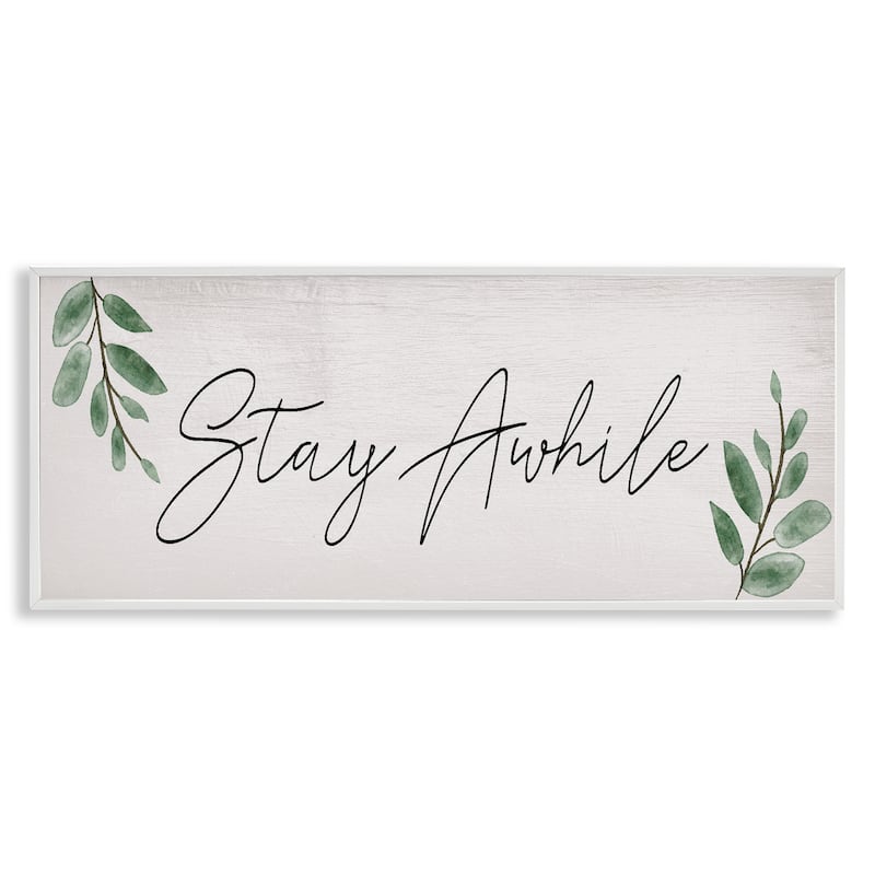 Stupell Stay Awhile with Plant Sprigs Framed Giclee Art Design By Lil' Rue - 24 x 10 - White