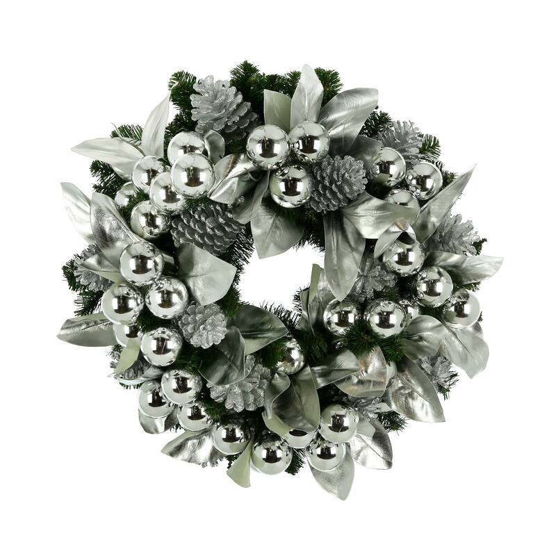 28 in Silver Christmas Wreath with Shiny Leaves, Ornaments and Pinecones - Silver, Green - 28HX28Wx11D