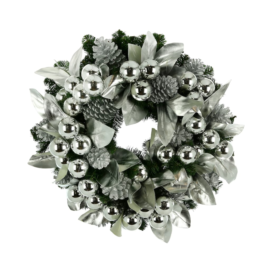 28 in Silver Christmas Wreath with Shiny Leaves, Ornaments and Pinecones - Silver, Green - 28HX28Wx11D