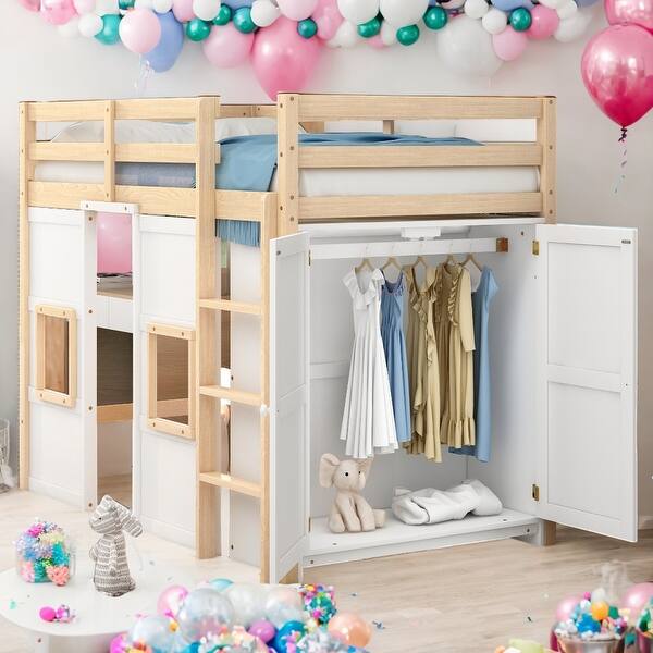 slide 2 of 18, Twin Size Loft Bed With Built-in Wardrobe And 2 Windows for Home Natural