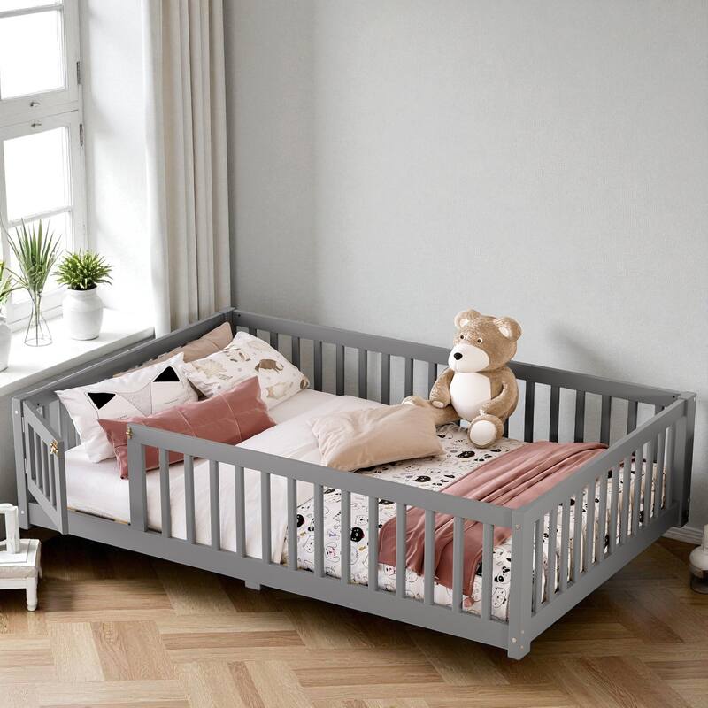 Twin/Full/Queen Size Wood Floor Bed with Door and Guardrails for Kids, Montessori Bed with Removable Slats - Grey - Full