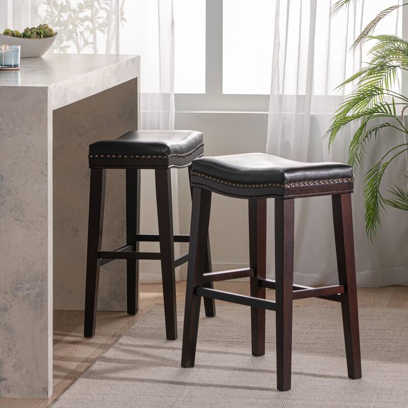 Roomfitters Backless Bar Stools with Faux Leather Seat and Nailhead Trim, Saddle-Style Counter Chairs, Set of 2, Brown - Brown