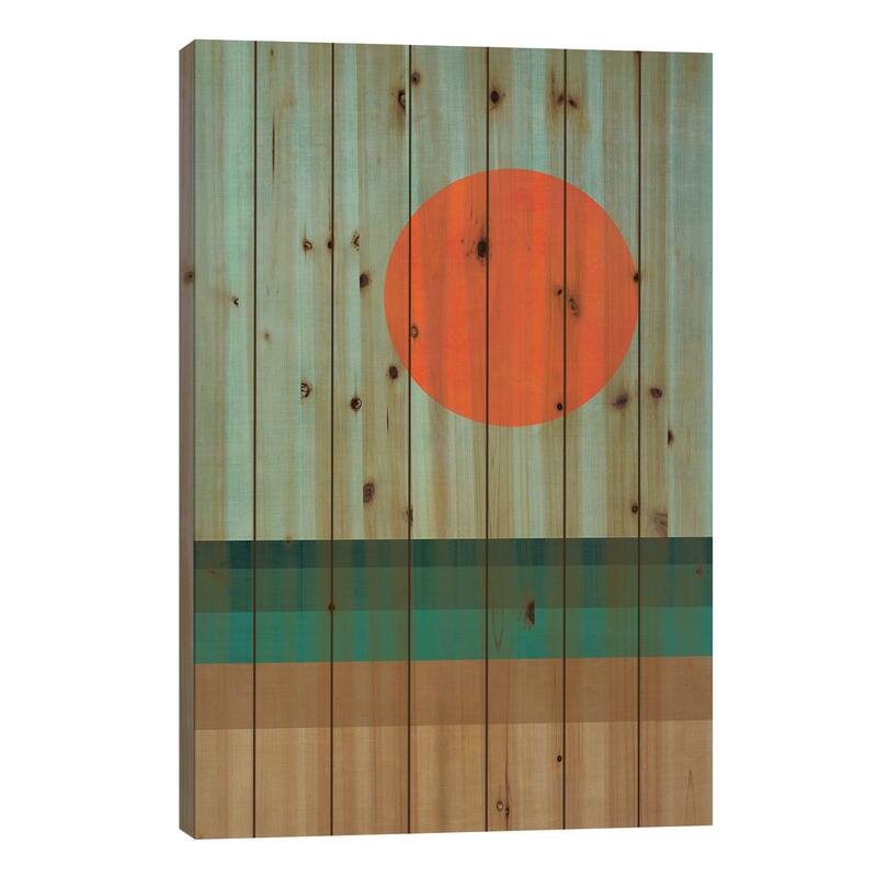 Orange Sun Teal Brown Sea Beach Landscape I Print On Wood by EmcDesignLab - Multi-Color - 40x26x1.5
