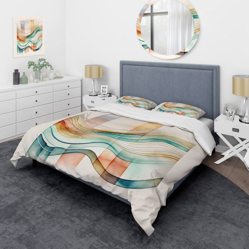 Designart "Multi-Color Abstract Waves I" Green Modern - Bed Cover Set With Shams