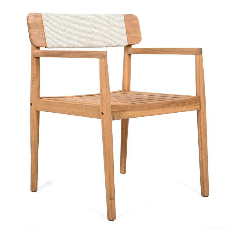 Roomfitters 4-Piece Outdoor Braided Acacia Wood Chairs Teak Look and Rope Weave Armchairs for Garden Backyard Poolside