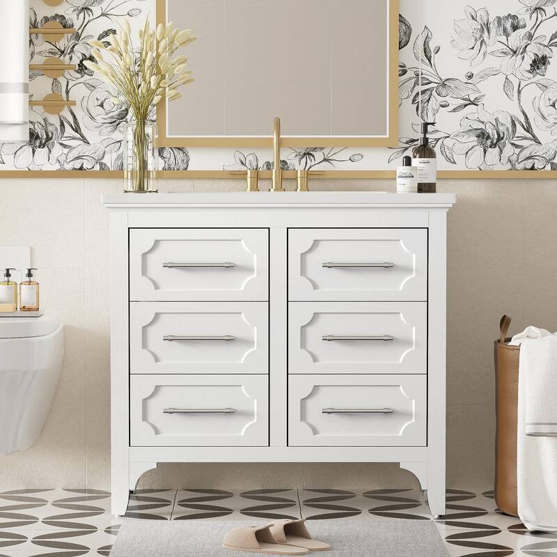 36'' Bathroom Vanity with Resin Sink Combo, Free Standing Solid Wood Frame Bathroom Vanity Cabinet with 4 Storage Drawers