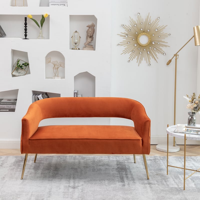 SEYNAR Modern 51'' Velvet Tufted Loveseat Open Back with Golden Metal Legs - Orange