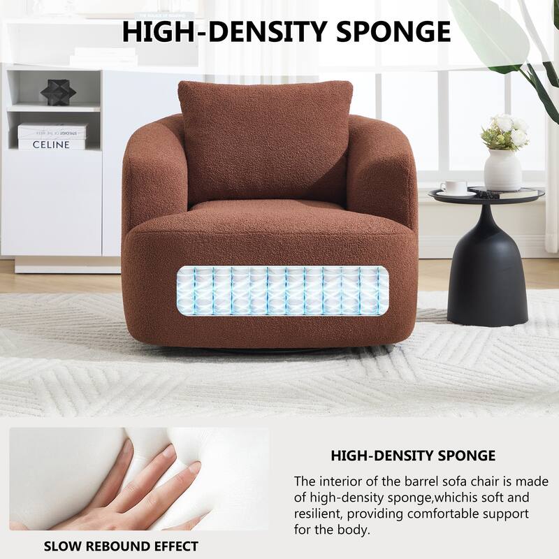 360°Swivel Round Upholstered Comfy Chair With One Soft Pillow, Teddy Fleece High-Resilience Sponge Single Sofa