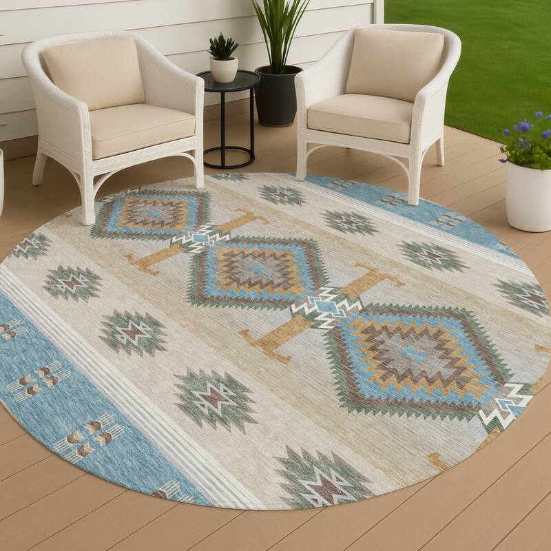 Machine Washable Indoor/ Outdoor Global Chennai Chantille Rug - Teal - 8' x 8'