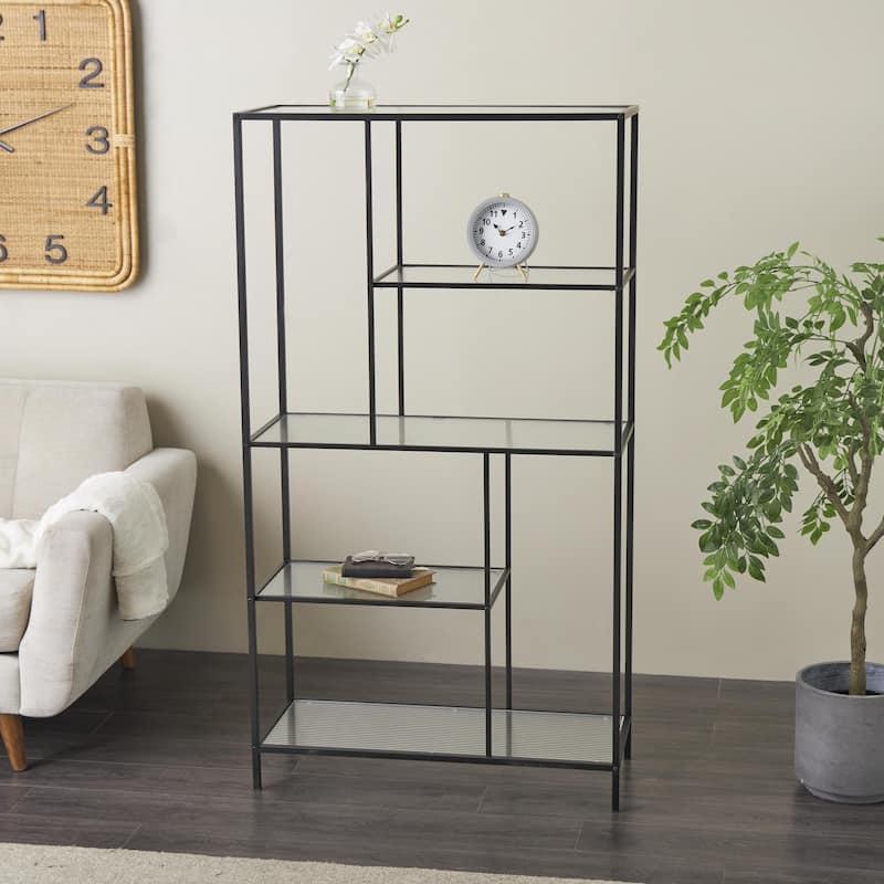 Metal Geometric 4 Shelf Shelving Unit with Clear Glass Shelves - Black - Roche River Decor