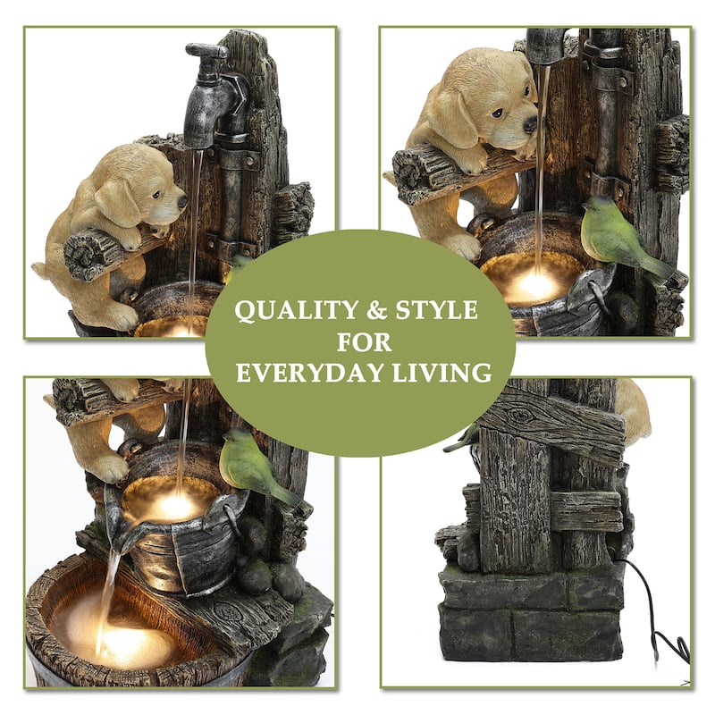 Puppy at the Farmhouse Faucet Resin Outdoor Fountain with Lights