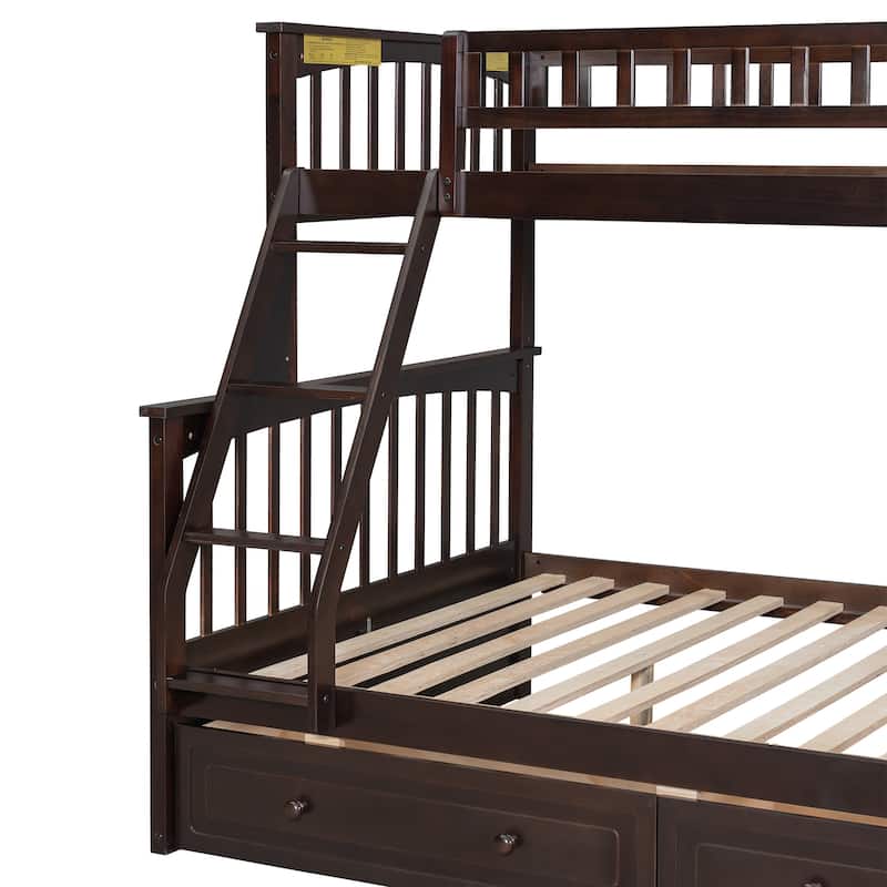 Wooden Twin over Full Bunk Bed with 2 Drawers, Detachable into 2 Beds, Solid Pine Wood Bunk Bed Frame with Fence Guardrail