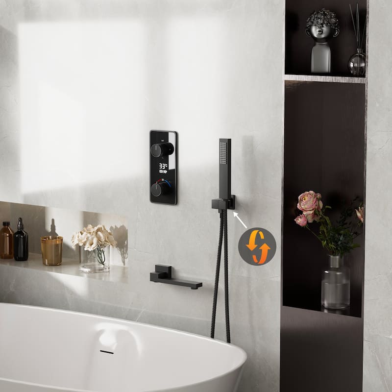 3-Way Thermostatic Complete Rainfall Shower System with Rough in-Valve Rain Shower Heads,Black/Gold