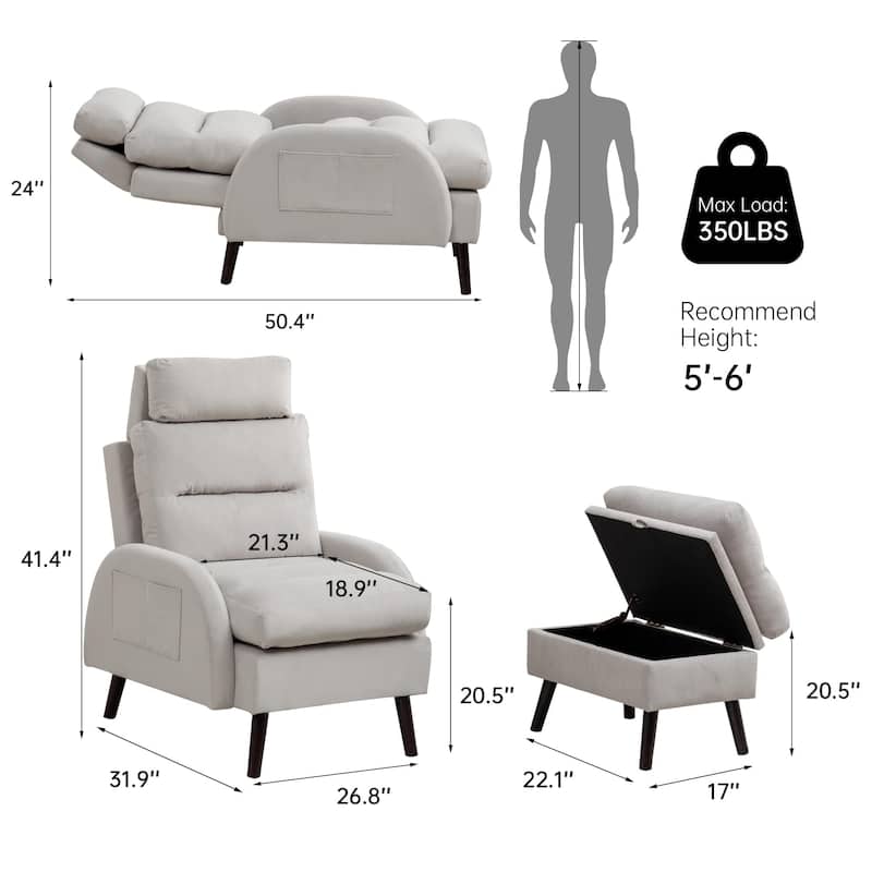 HOMYKA Accent Lounge Chair with Adjustable Backrest Storage Ottoman
