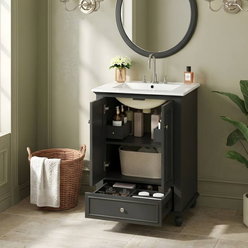 Bathroom Vanity with Ceramic Sink, Bathroom Storage Cabinet with Soft Closing Doors