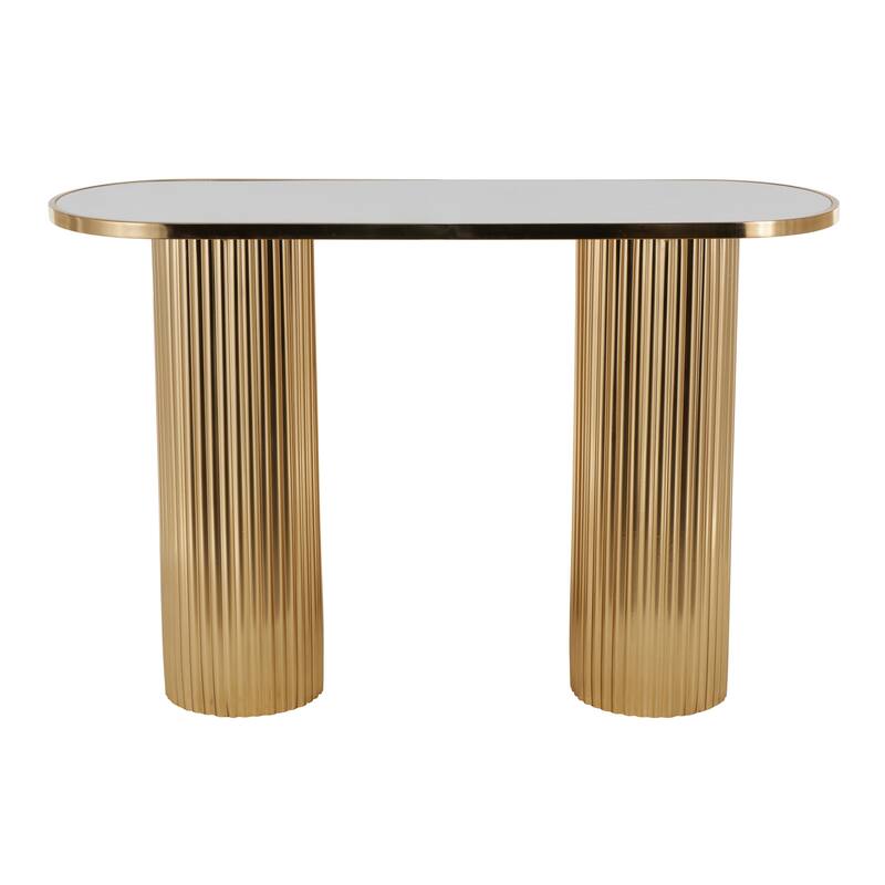Gold Metal Oval Living Room Console Table with White Marble Tabletop and Ribbed Legs