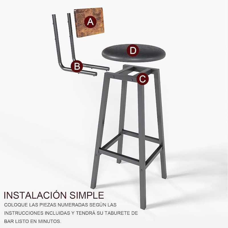 Black-Brown PU Leather Metal Bar Stool Set of 2 with Curved Back and Footrest - 11"D x 11"W x 37.8"H