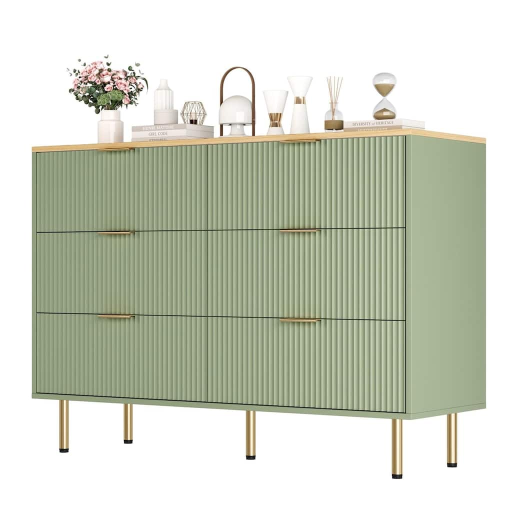 6 Drawers Dresser for Bedroom, Fluted Dresser Chest of Drawers with Handle, Wood Modern Dressers for Closet