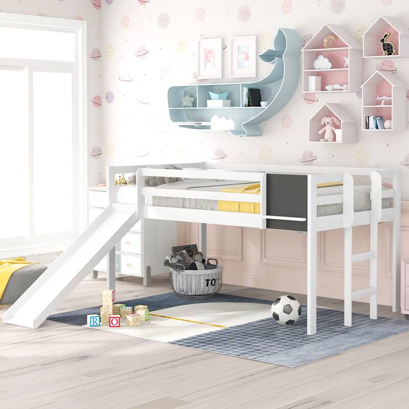 Twin Size Loft Bed Wood Bed with Convertible Ladder and Slide, Solid Wood Twin Kids Bed Frame with Chalkboard for Boys or Girls