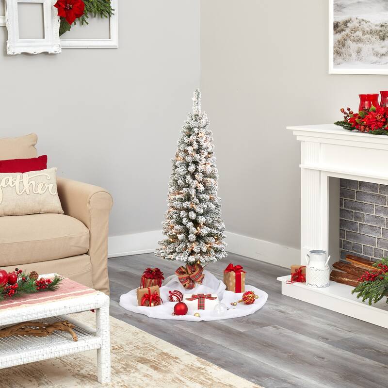 4ft. Flocked Pencil Artificial Christmas Tree with 100 Clear Lights and 216 Branches - Slim Snowy X-Mas Accent