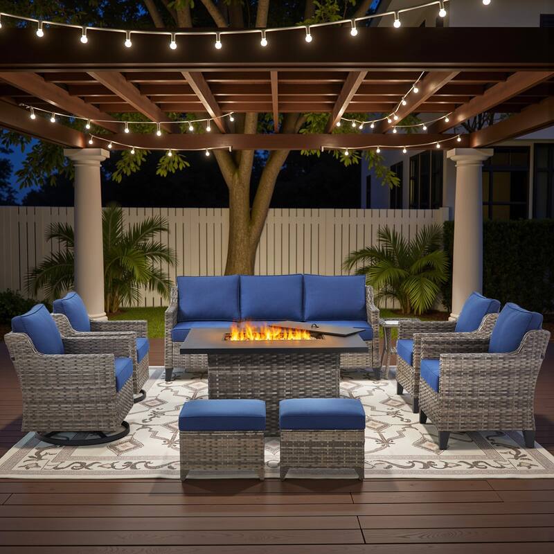 Glissia 9-Piece Gray Wicker Fire Pit Conversation Set with height-adjustable fire pit - Navy Blue Cushions - Gray Wicker