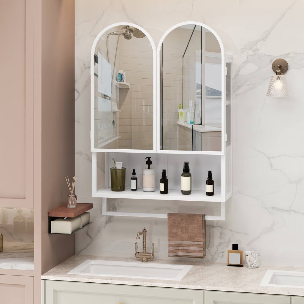 Anmytek Double Arched Metal Medicine Cabinet with Adjustable Shelves and Towel Rack Wall Mounted Mirror Storage Cabinet