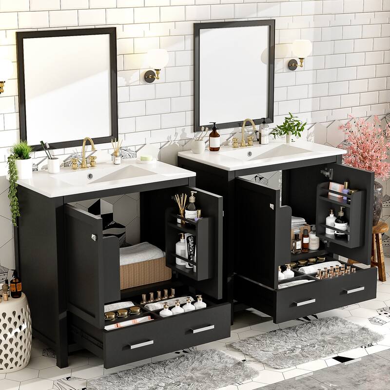 60" Bathroom Vanity Set with Double Vanities (Separate), Double Ceramic Sinks, Storage Shelf, and Divided Drawers