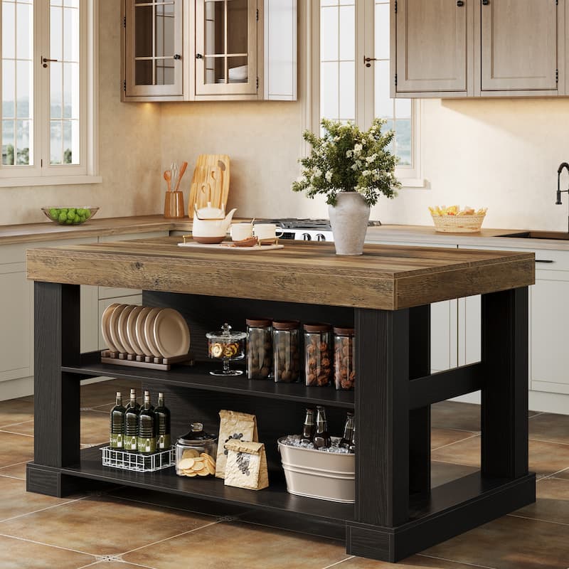 59 Inch Stationary Kitchen Island with Seating and Shelves, Farmhouse Style - 31.5" D x 55.12" W x 35.43" H - Black+Brown