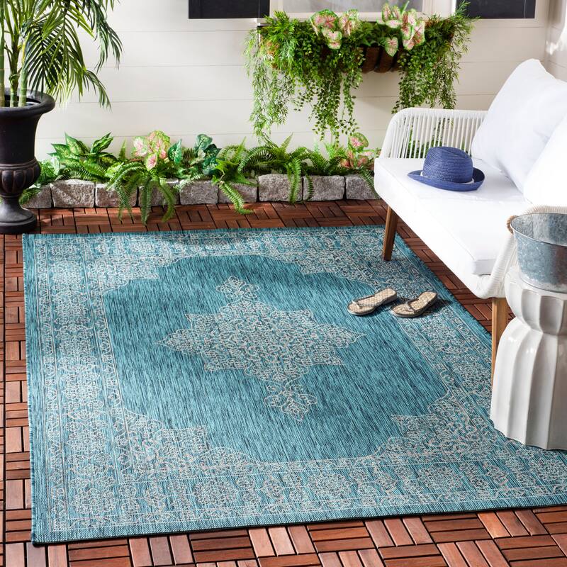 SAFAVIEH Courtyard Maralyn Indoor/ Outdoor Waterproof Patio Backyard Rug - 2'7" x 5' - Teal/Ivory