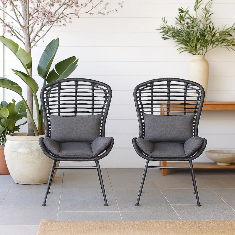 Outdoor Round Accent Chair Set of 2, Gray Faux Rattan, Black Iron