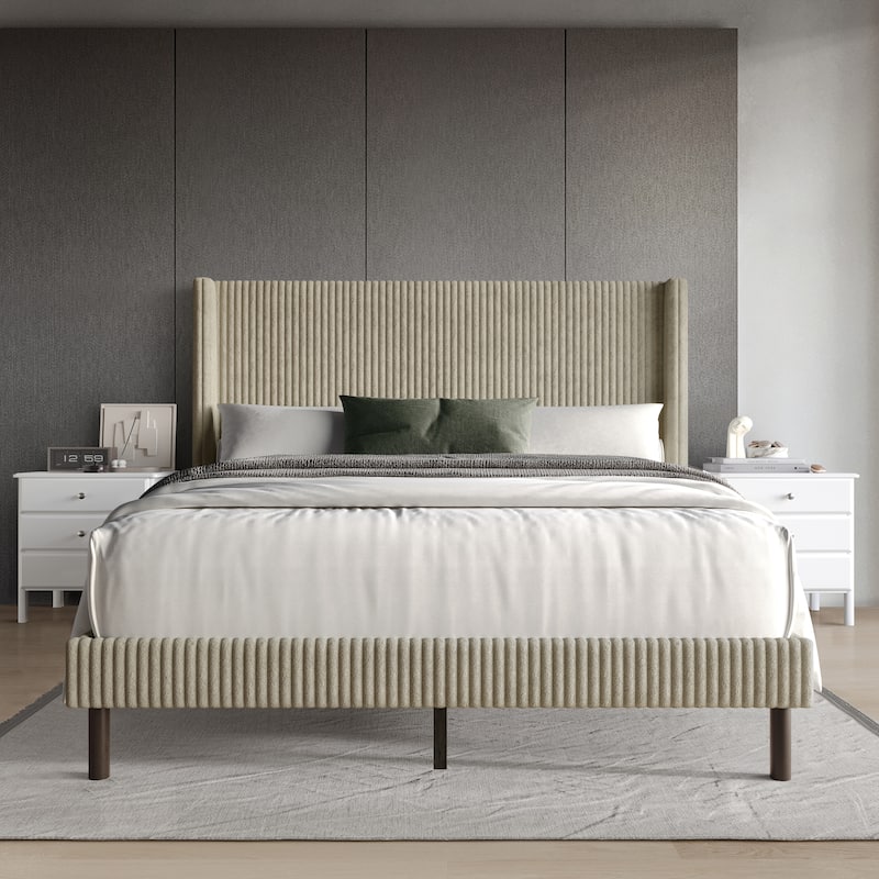 Clayfell Duluth Corduroy Velvet Upholstered Platform Bed - Beige - Queen