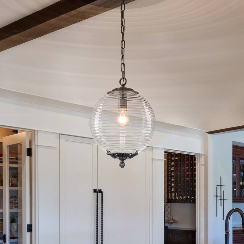 Industrial 1 - Light 11.8" W Retro French Globe Glass Pendant For Kitchen Island - Matte Black - Ribbed Glass