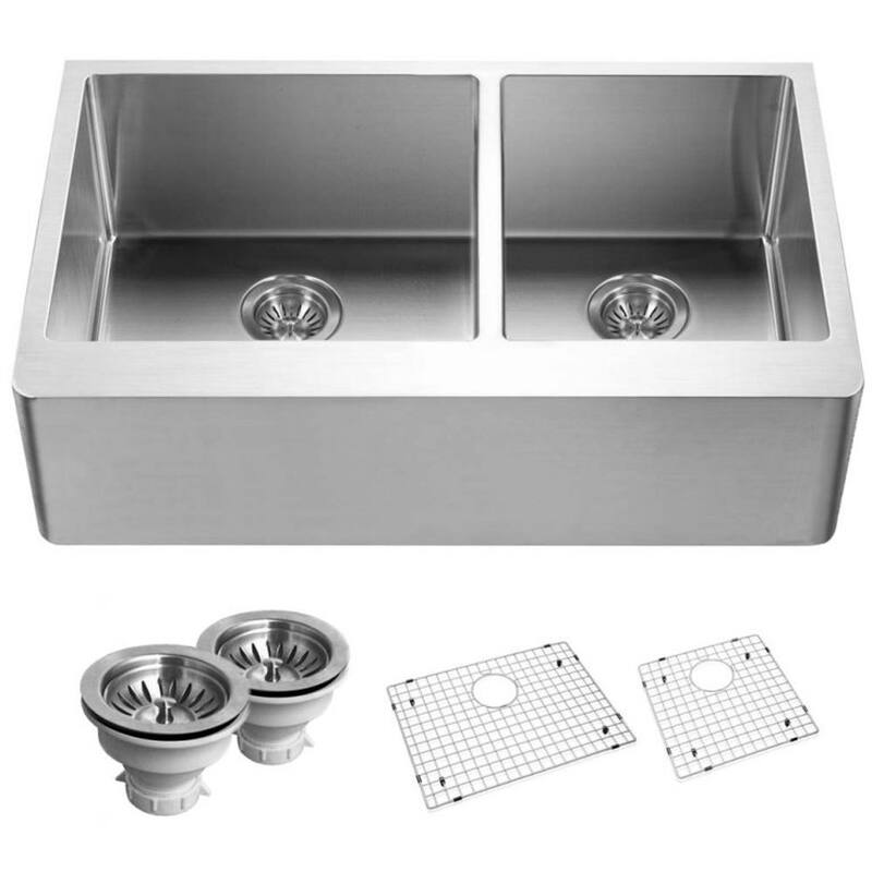 Houzer Epicure 33 inch Apron Front 60/40 Double Bowl Kitchen Sink, Small Right Bowl with Strainer & Grids