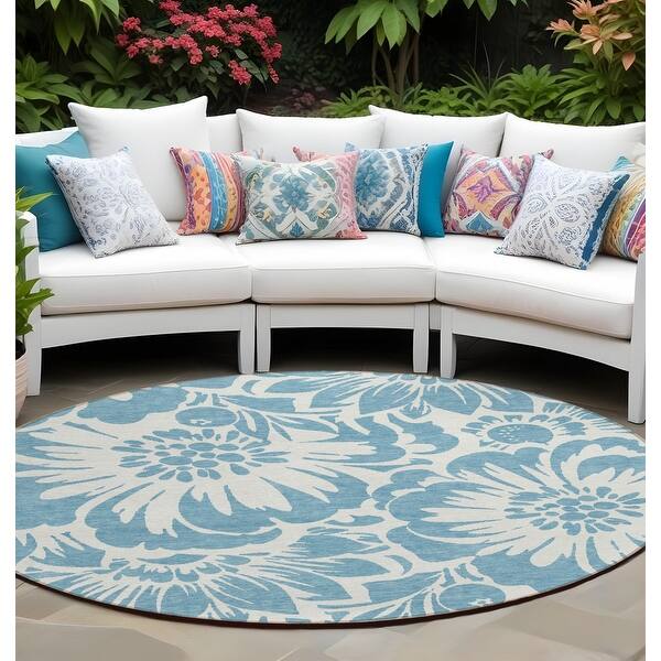 8' Round Ivory And Blue Round Floral Indoor Outdoor Area Rug