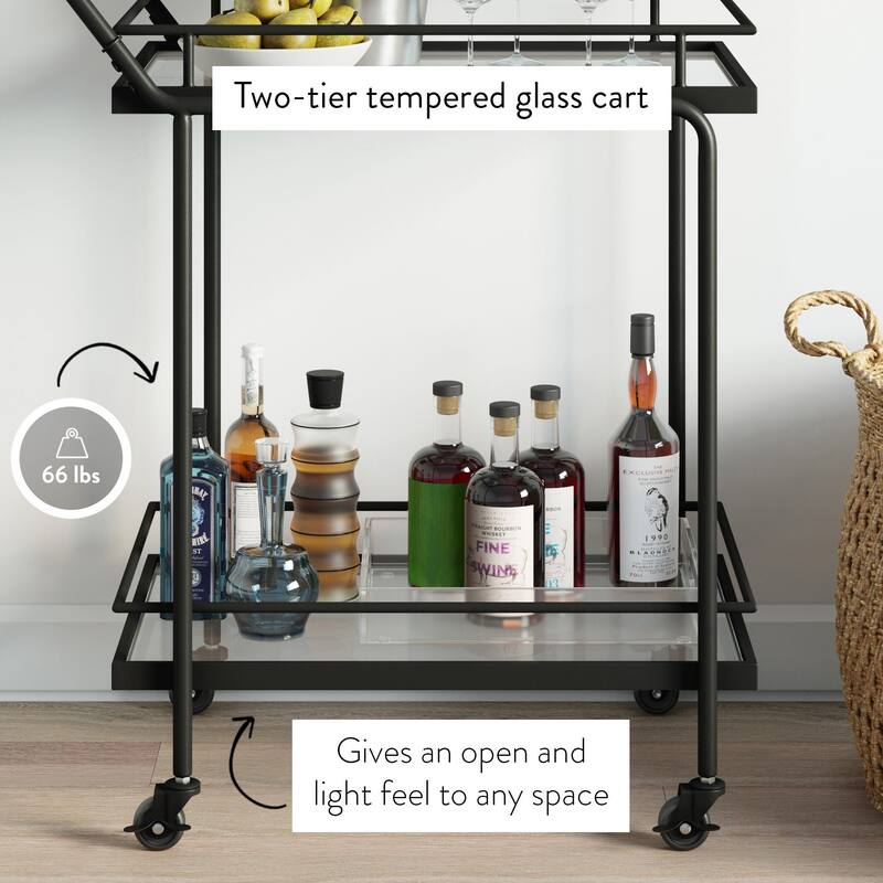 Nathan James Sally 2-Tiered Metal Frame Glass Rolling Bar Cart and Tea or Cocktail Cart