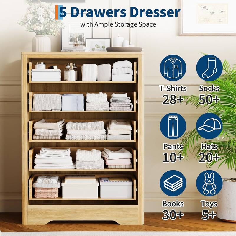 Fluted 5 Drawer Tall Dresser for Bedroom, Living Room, Hallway