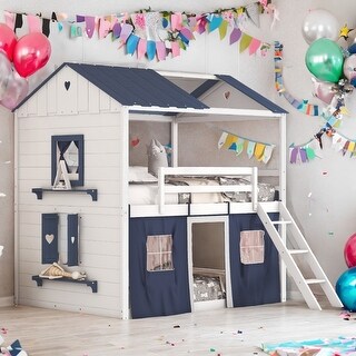 Playhouse Design Impression & Beautiful Full Size Bunk Wood House Bed with Elegant Windows, Sills and Tent