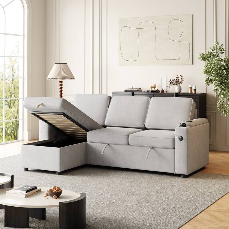 MH85.8" Sleeper Sofa, Sofa Bed - 2 in 1 Pull Out Sofa Bed with Storage Sofa with Charging Port