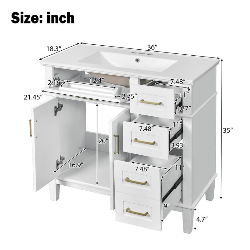 36" Modern Bathroom Vanity with Ceramic Sink, Soft Close Doors, 4 Drawers for Storage