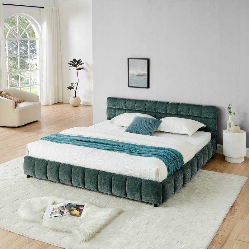 Block Thick Chenille Low Profile Platform Bed Fabric Upholstered Bedframe with Headboard Solid Wood Frame - Optional Storage Bed