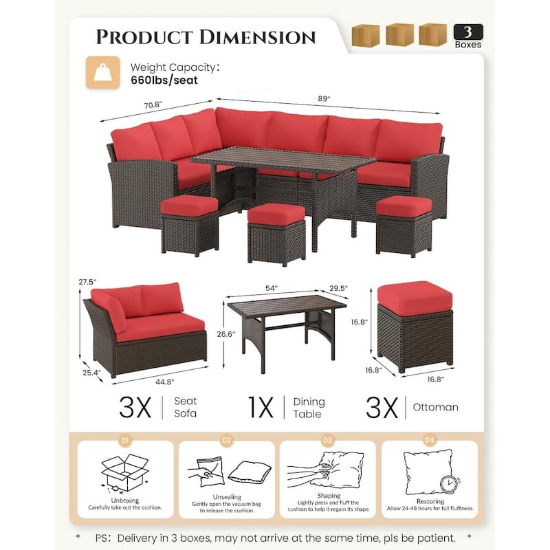 AECOJOY 7-Piece Outdoor Patio Wicker Sectional Sofa with Dining Table