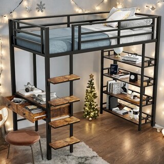 Black Metal Twin Size Loft bed with Desk and Shelves